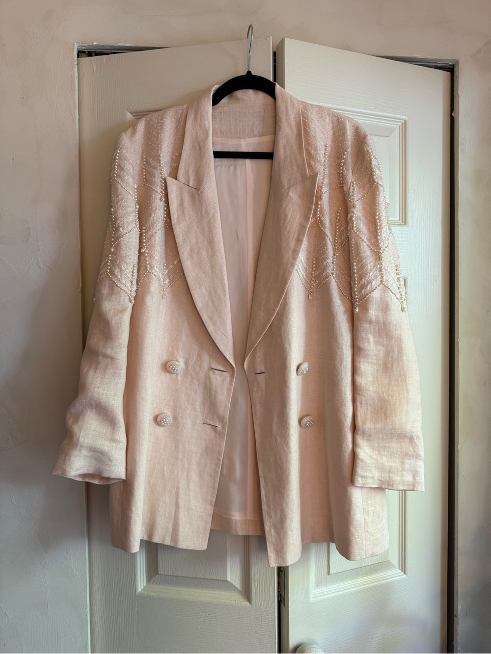 Vintage Beaded Detail Double-Breasted Linen Blazer - Creamy Pink